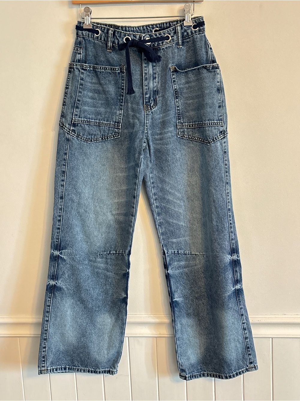 Women's Blue Drawstring Wide Leg Baggy Jeans 28 x 29 Inseam